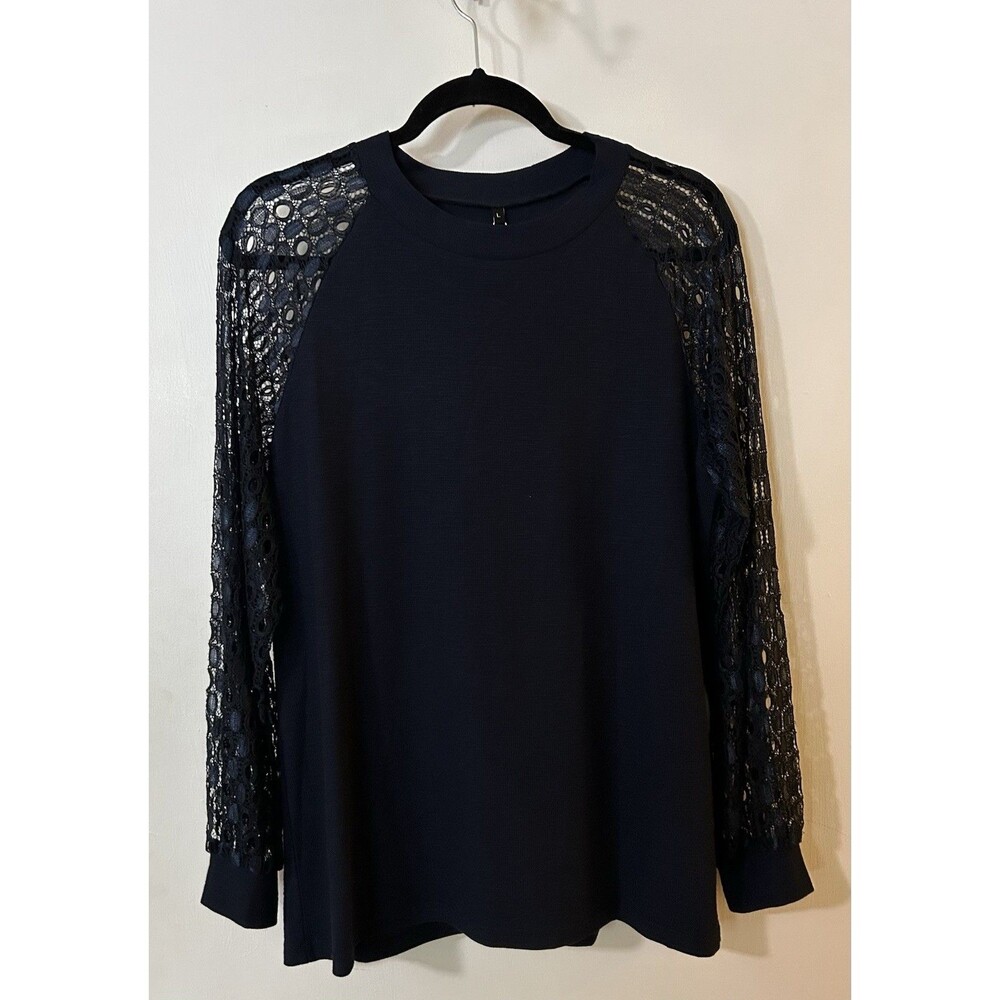 HaoMeili Collection Women's Navy Blue Lace Long Sleeve Pullover Blouse Size L